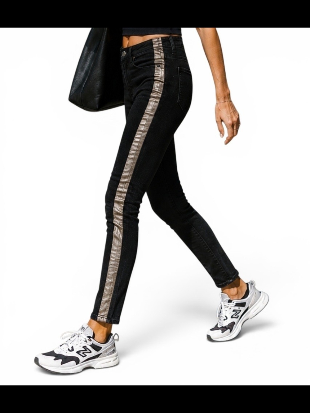 Athleta Sculptek Skinny Jeans Womens Black Tuxedo Stripe High Rise Metallic 2
